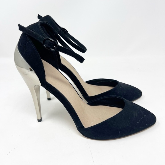 ASOS BLACK FAUX SUEDE SILVER METAL SOOKE ANKLE STRAP HEELS WOMENS UK6/US8 - Picture 1 of 7